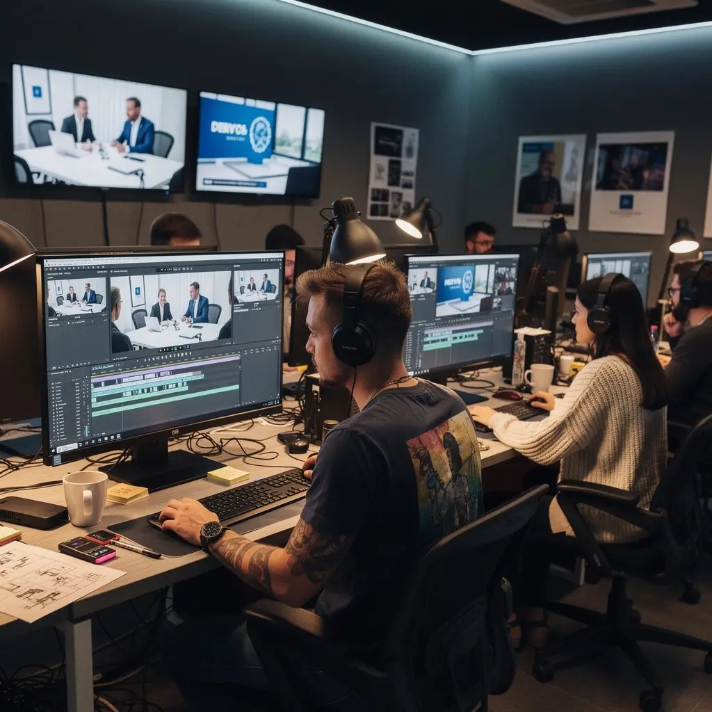 Firemní event s profesionálním osvětlením a kamerami.