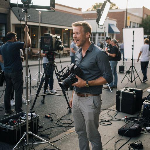 Scéna z natáčení reklamního videa s herci a produkčním týmem.